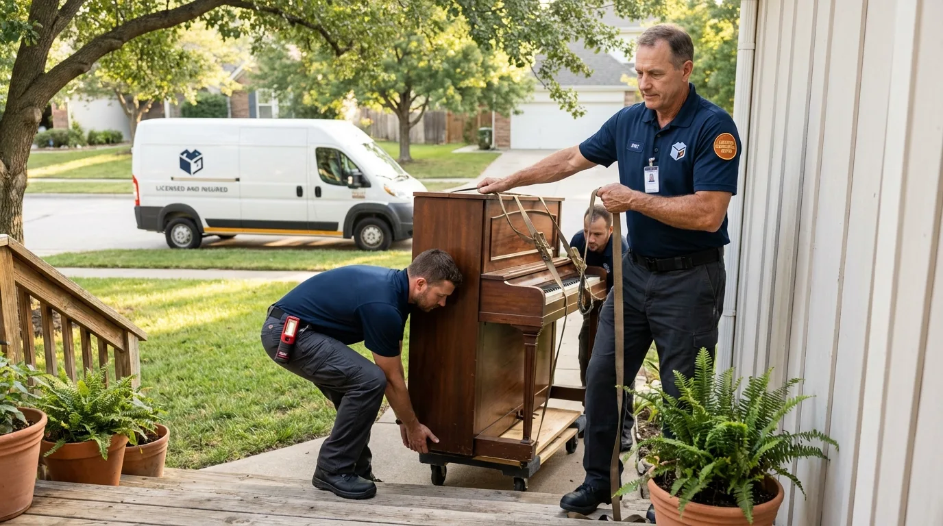 Licensed piano movers securing grand piano in Monterey, TN