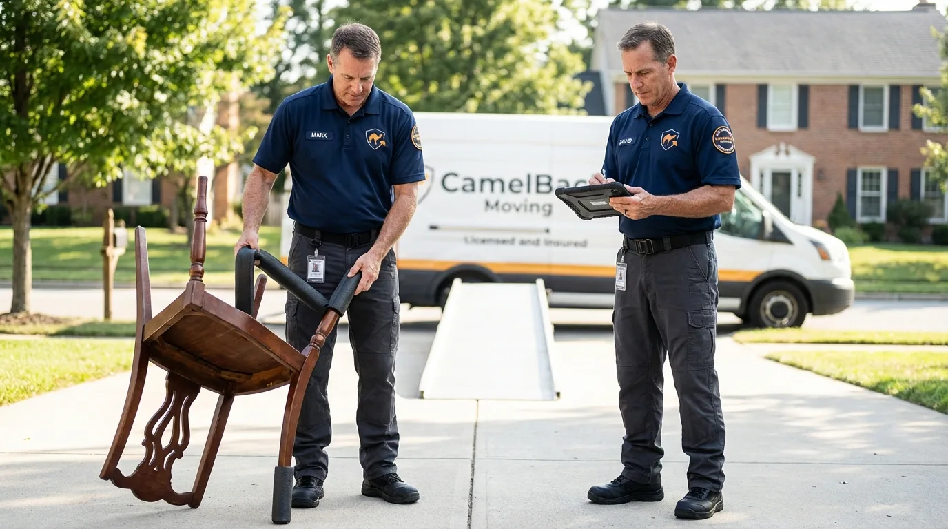 Movers inspecting furniture for damage prevention before loading in Monterey, TN