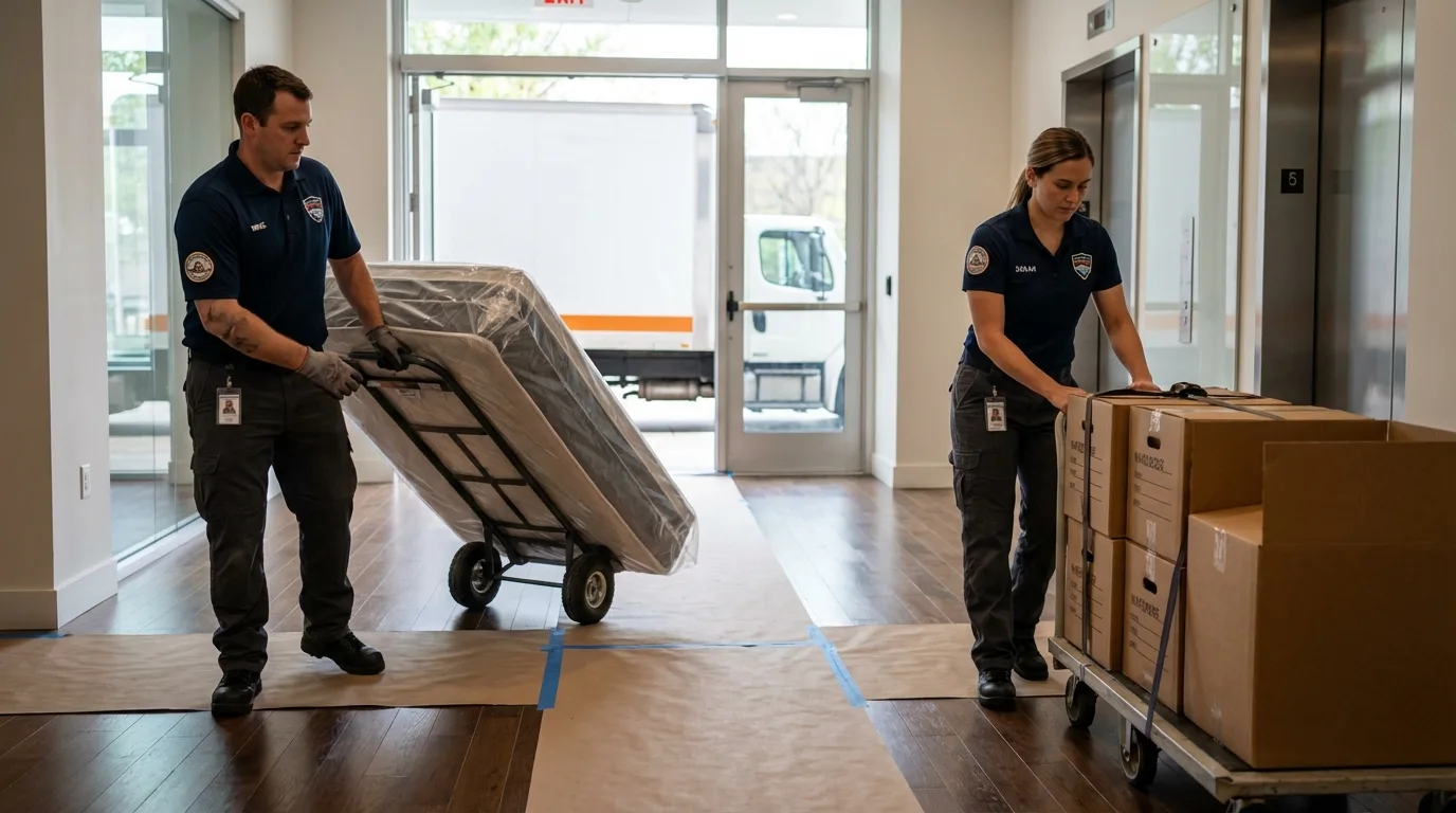 Professional apartment movers loading elevator in Monterey, TN