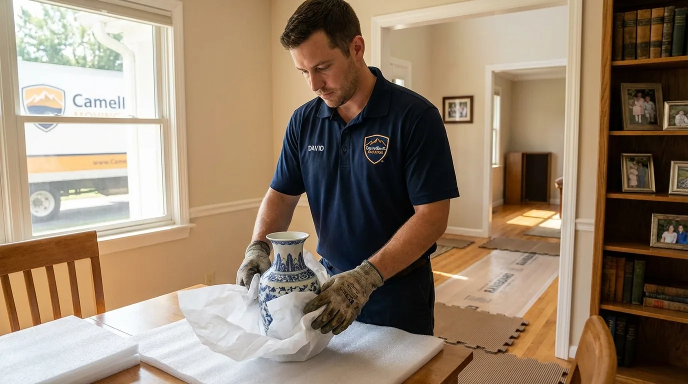 Professional crew carefully wrapping antique vase for senior downsizing move in Monterey, TN